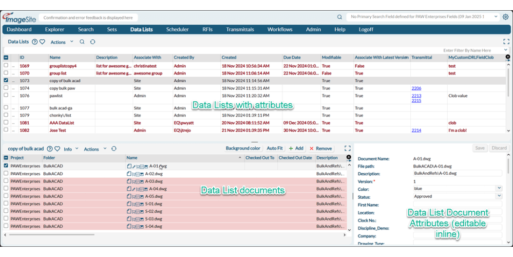 Data List Data List View with Data Lists with attributes, Data List Documents, and Data List Document Attributes (editable inline) labelled